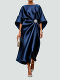 Dama Washington Neve women's satin midi dress navy ruched brooch detail - front view