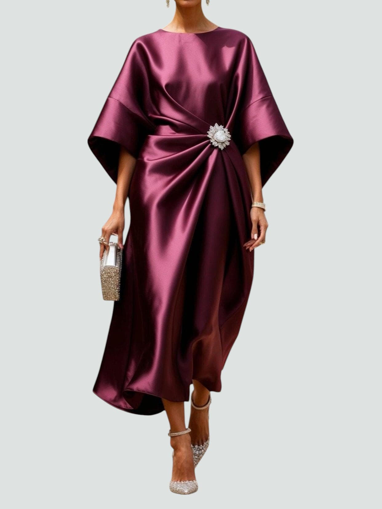 Neve | Women's Satin Midi Dress Navy Ruched Brooch Detail