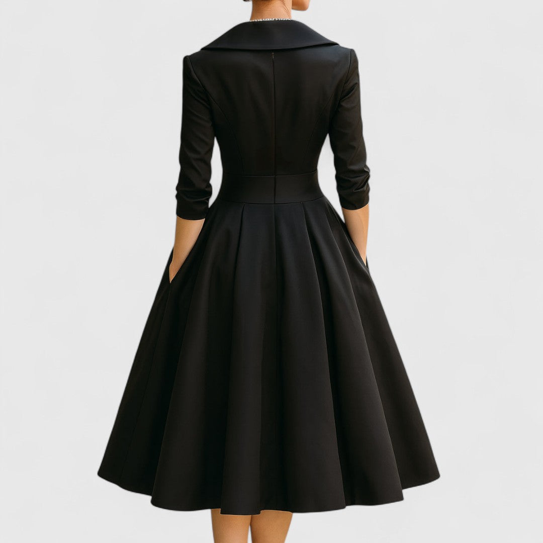 Vera | Women's A Line Midi Dress Navy Three Quarter Sleeve