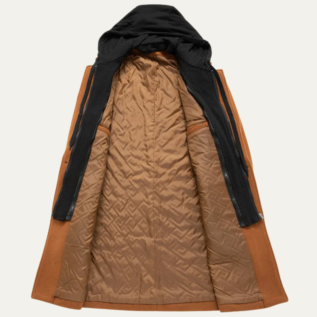 Bram | Men's Wool Overcoat Caramel Hooded Quilted Lining