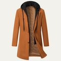 Dama Washington Bram men's wool overcoat caramel hooded quilted lining - front view