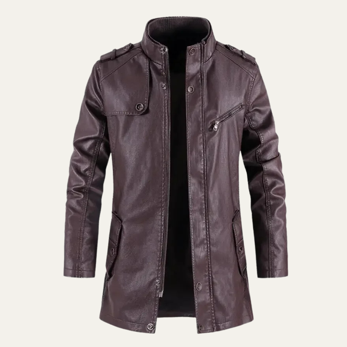 Casper | Men's Leather Long Jacket Black Button Up