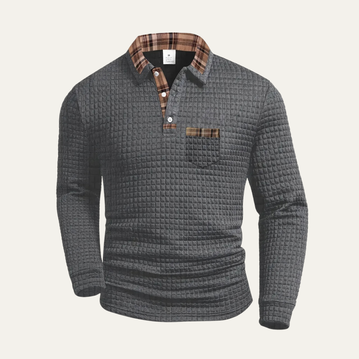 Bram | Men's Quilted Waffle Knit Polo Sweater Gray Plaid Trim