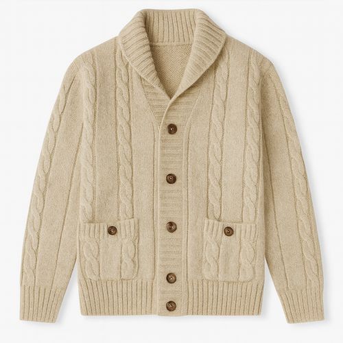 Dama Washington Axel men's cable knit cardigan cream shawl collar button front - front view
