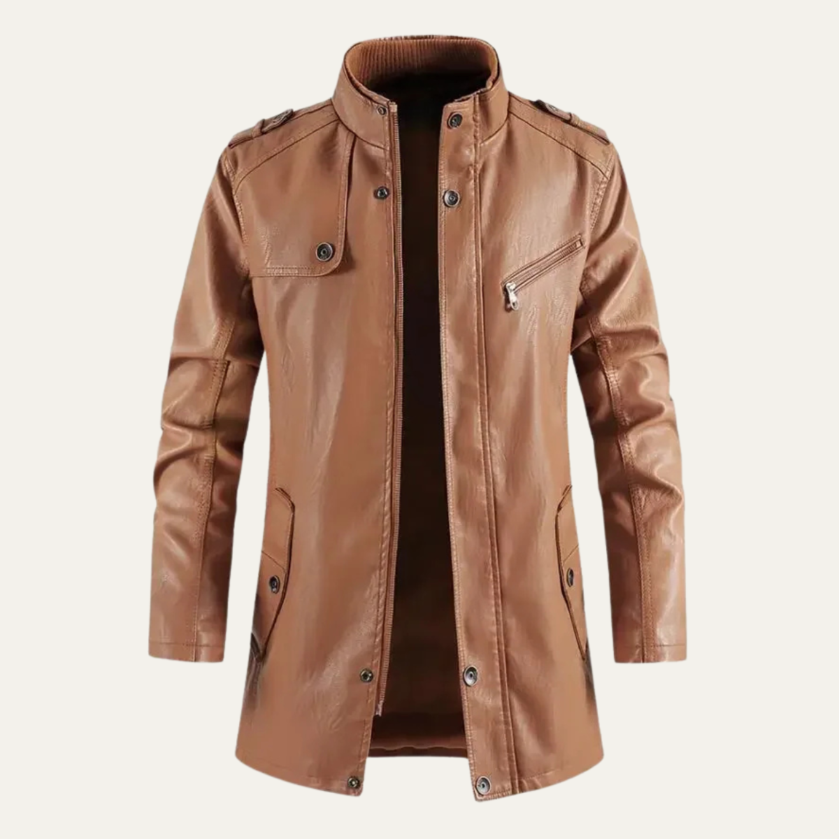 Casper | Men's Leather Long Jacket Black Button Up