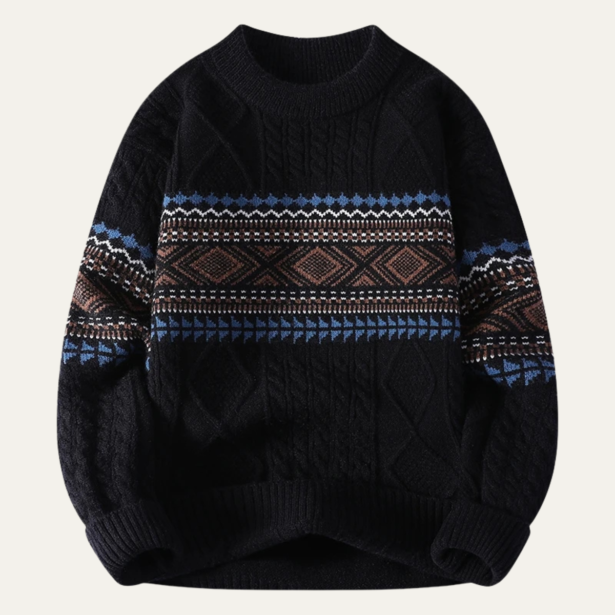 Ezra | Men's Crew Neck Sweater Cream Nordic Pattern Cable Knit