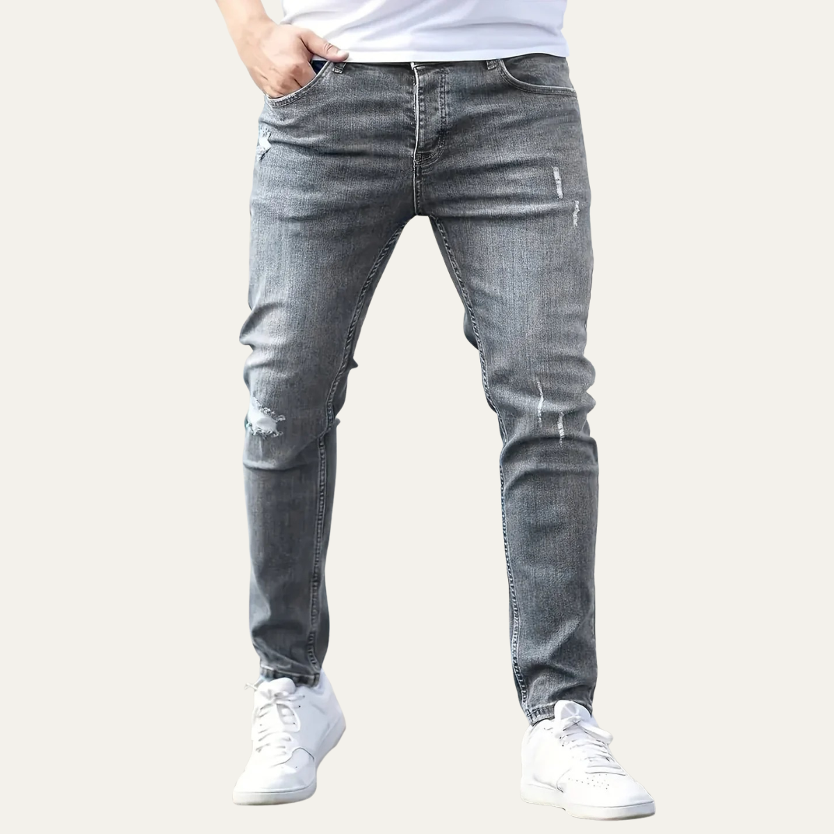 Beau | Men's Ripped Slim Fit Jeans Gray Stretch