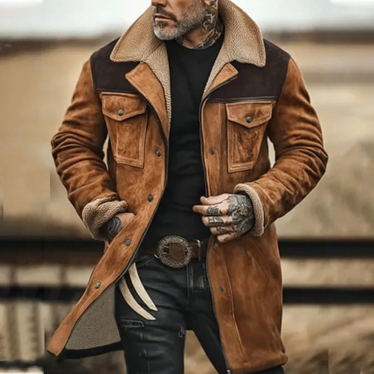 Cole | Men's Suede Sherpa Lined Jacket Olive Green Chest Pockets