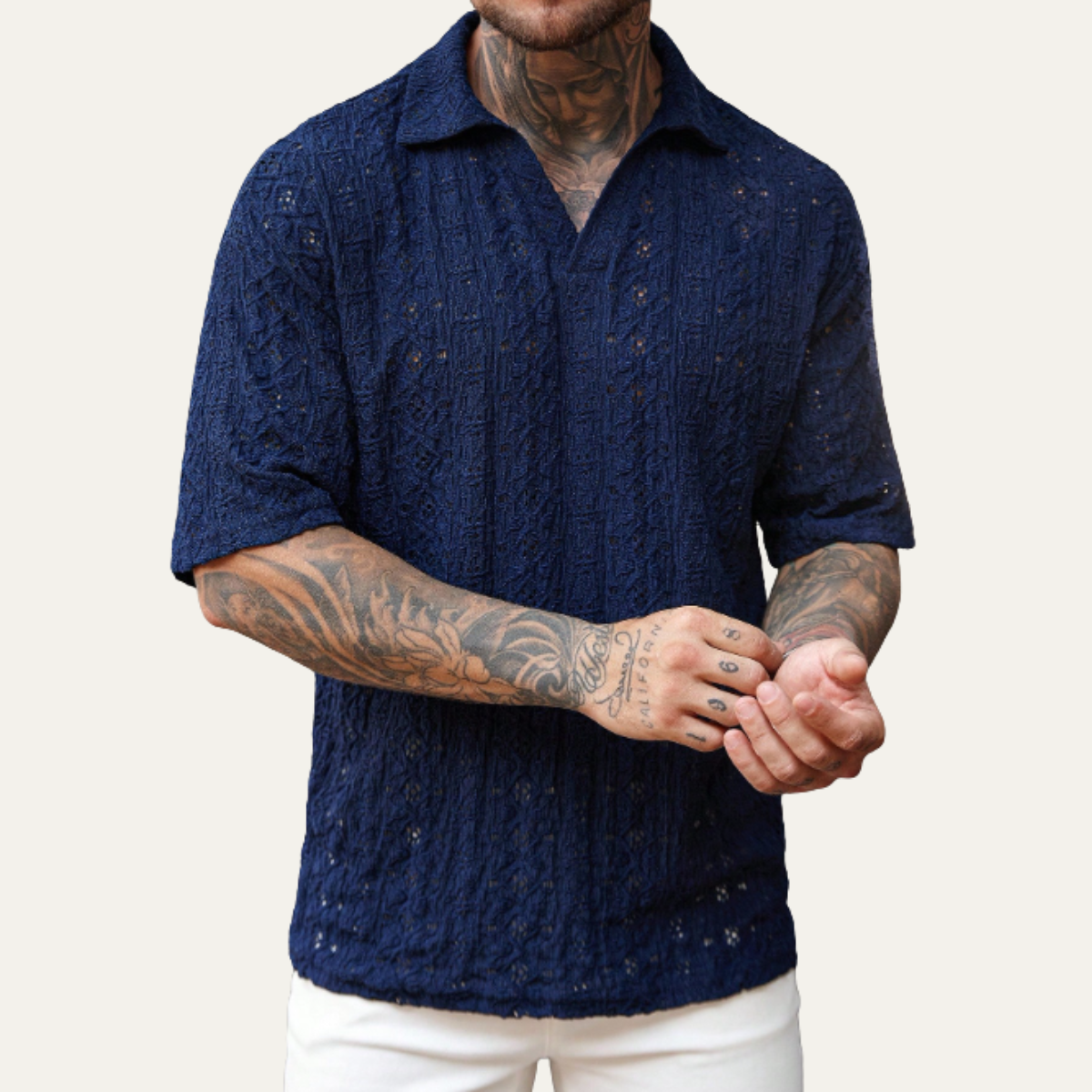 Jasper | Men's Boho Crochet Mesh Linen Shirt Navy Blue