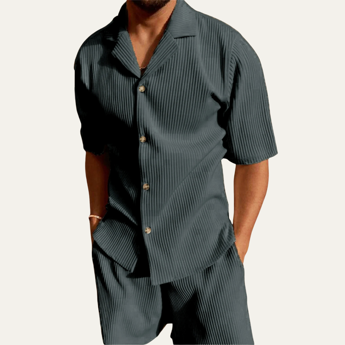 Callum | Men's Sweatsuit Cream Ribbed Short Sleeve
