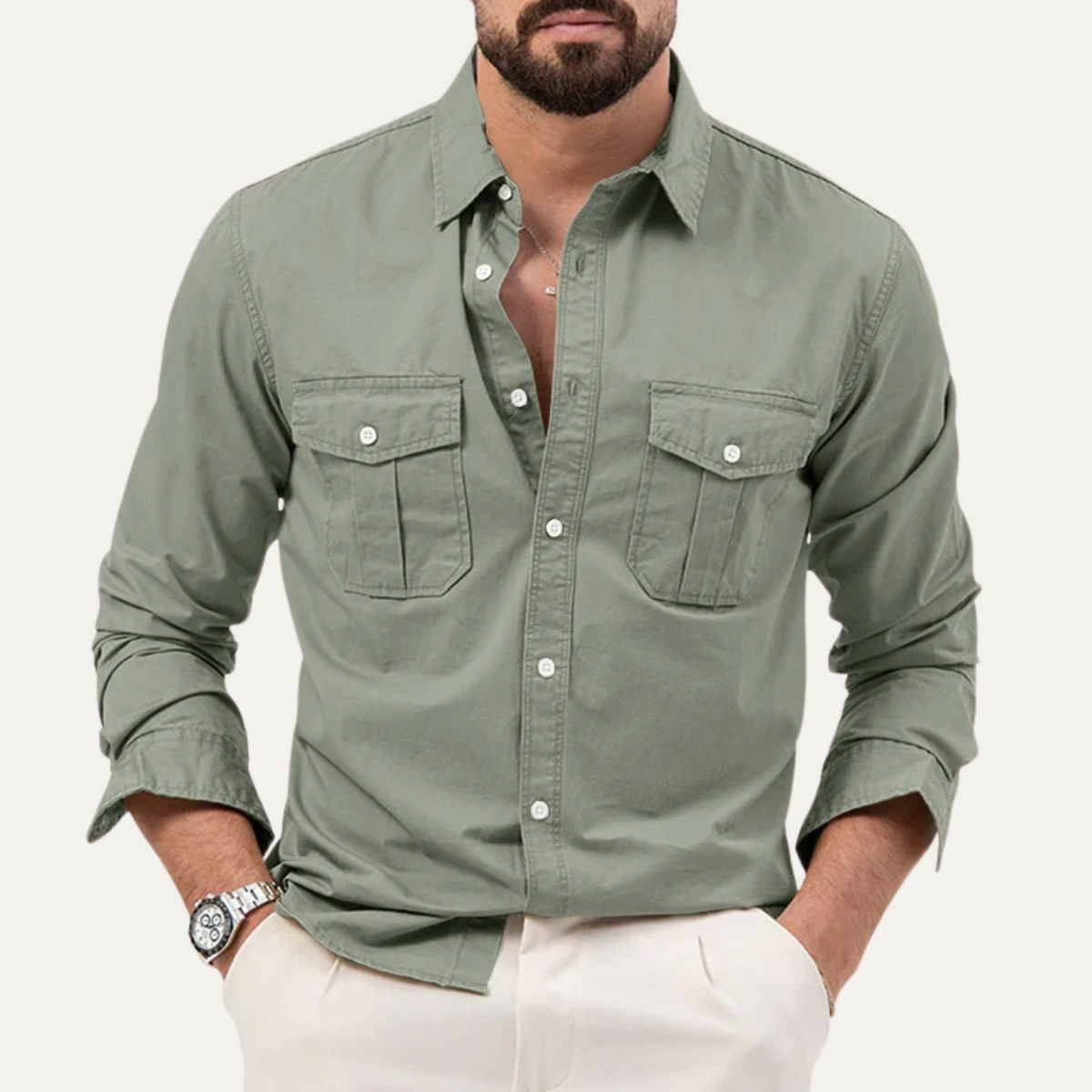 Ezra | Men's Utility Button Up Shirt Olive Long Sleeve