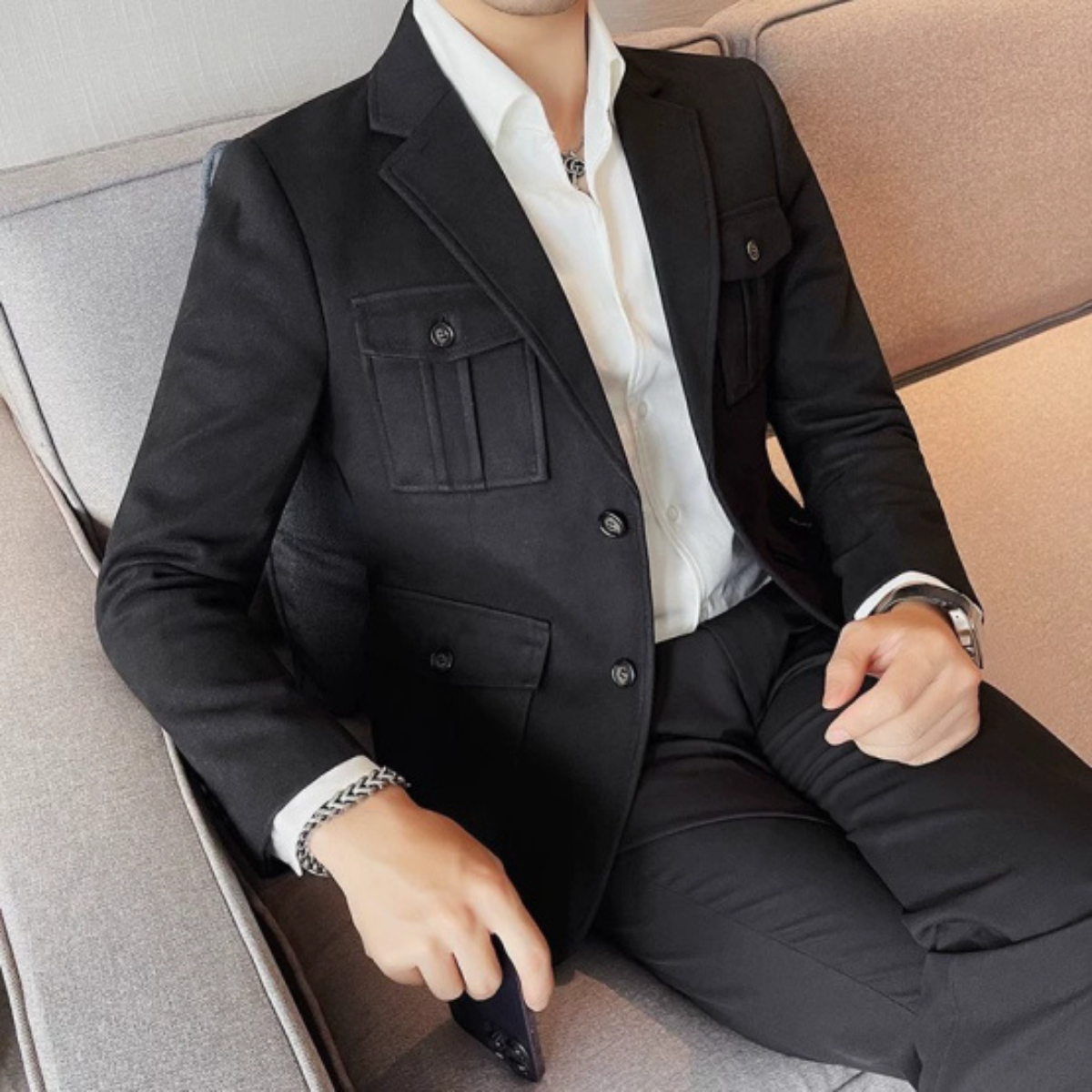 Wade | Men's Casual Blazer Black Chest Pocket