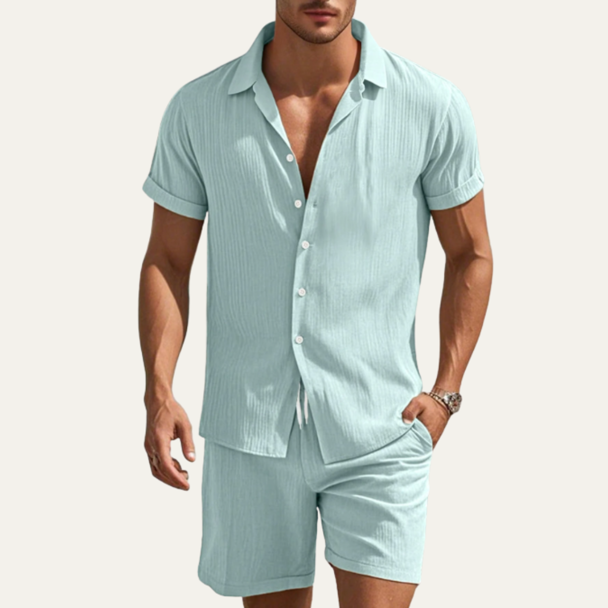 Lars | Men's Casual Linen Shirt Cream Drawstring Shorts Set Black