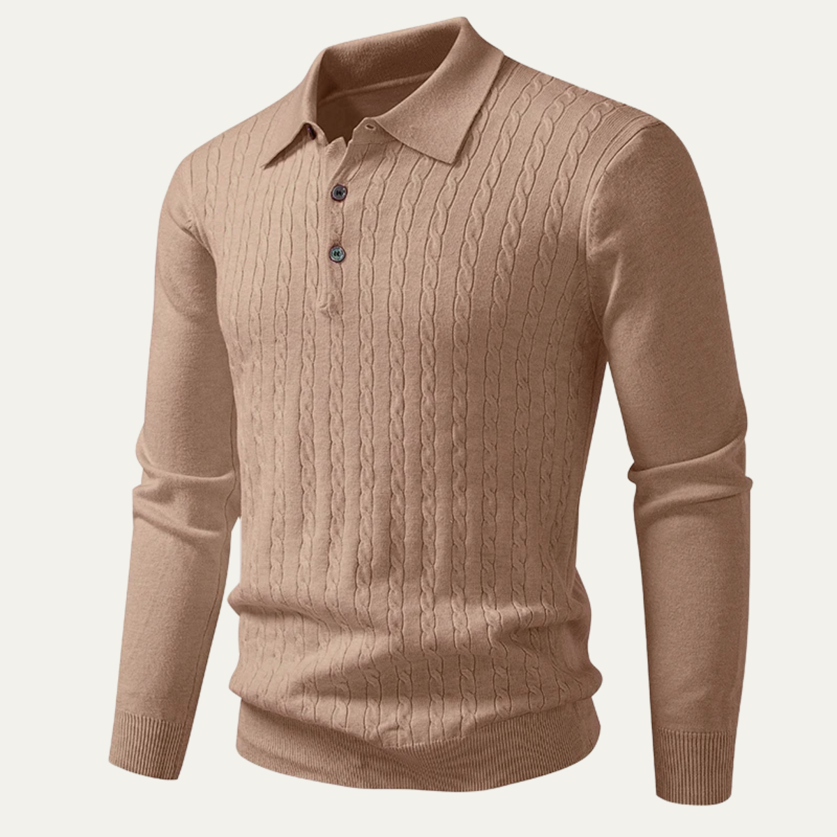 Beau | Men's Cable Knit Polo Sweater Cream Long Sleeve