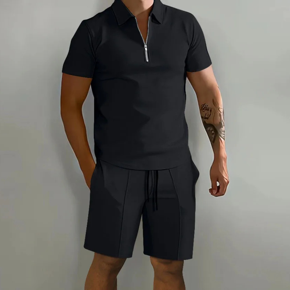 Dama Washington Kai men's sweatsuit black short sleeve zip polo - front view