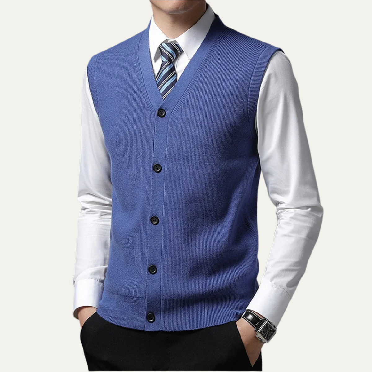 Beau | Men's Sweater Vest Blue Button Up V Neck