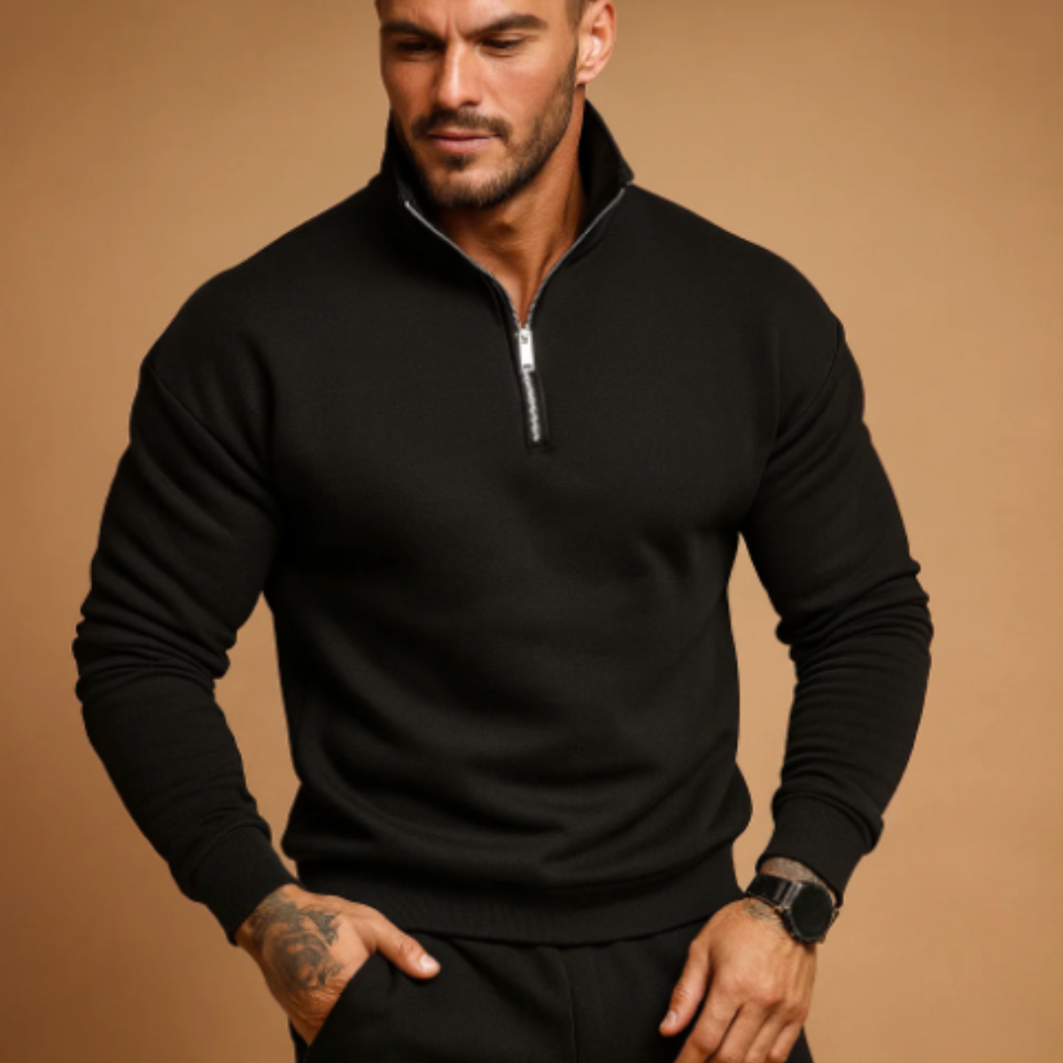 Ezra | Men's Quarter Zip Sweater Cream Long Sleeve