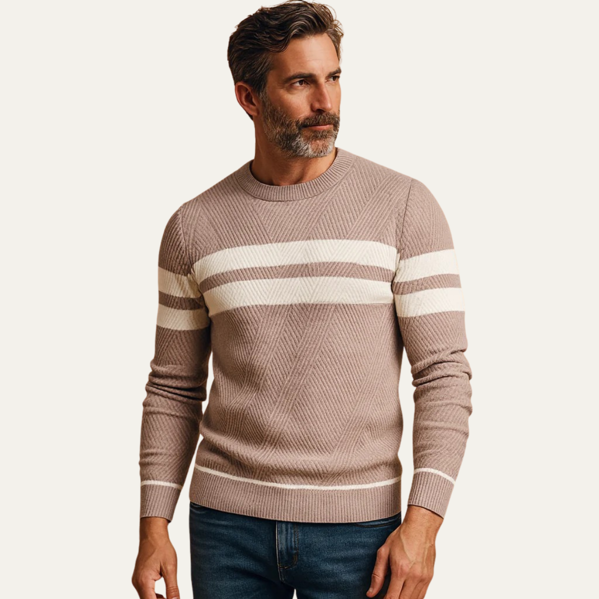 Wren | Men's Striped Crew Neck Sweater Brown Cream