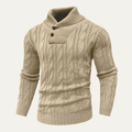 Dama Washington Rowan men's cable knit shawl collar sweater cream button neck - front view