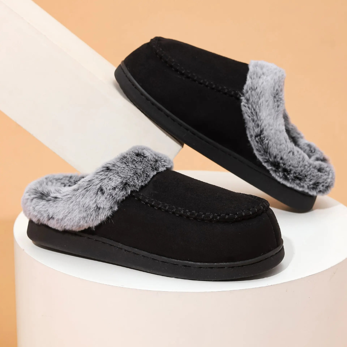 Bram | Men's Faux Fur Lined Slippers Gray Black Sole