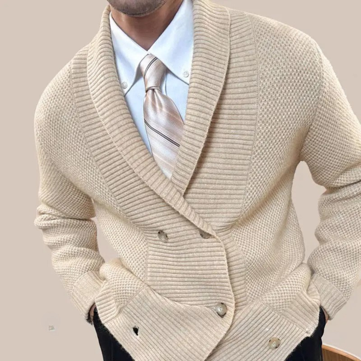 Beau | Men's Double Breasted Cardigan Cream Chunky Knit Shawl Collar