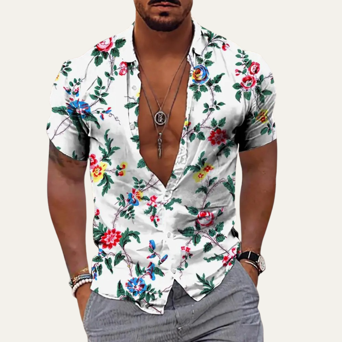 Axel | Men's Hawaiian Shirt Mint Green Palm Print Short Sleeve Button Up