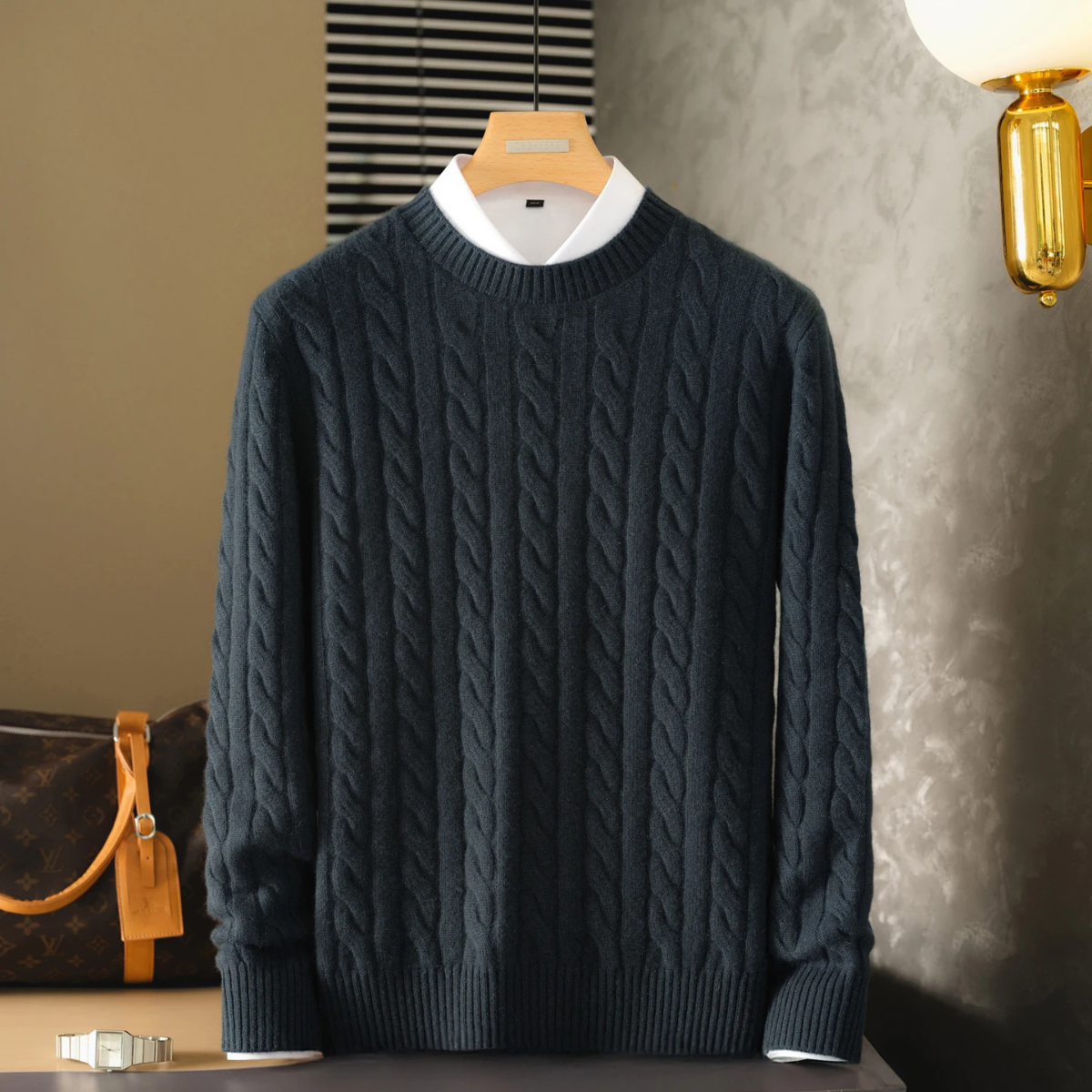 Mia | Men's Cable Knit Sweater Cream Crew Neck
