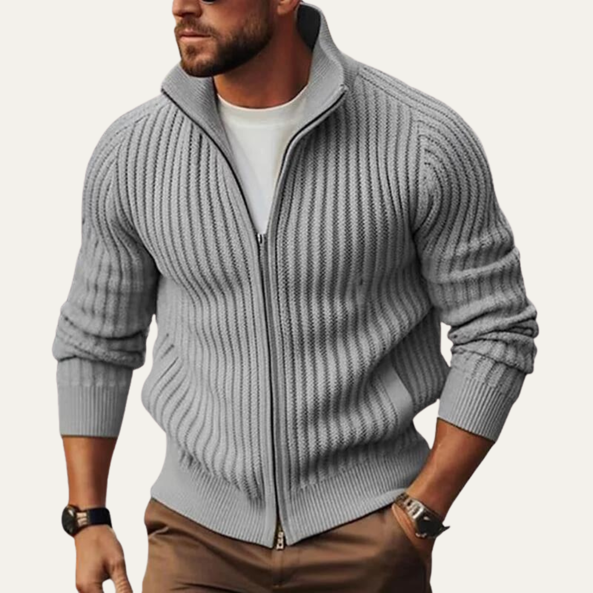 Atlas | Men's Ribbed Zip Up Cardigan Cream Stand Collar