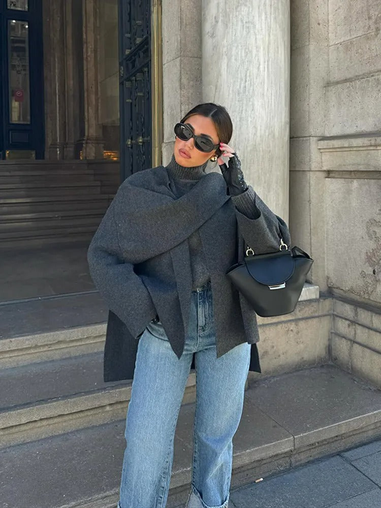 Ada | Women's Wool Cowl Neck Cape Black Long Sleeve