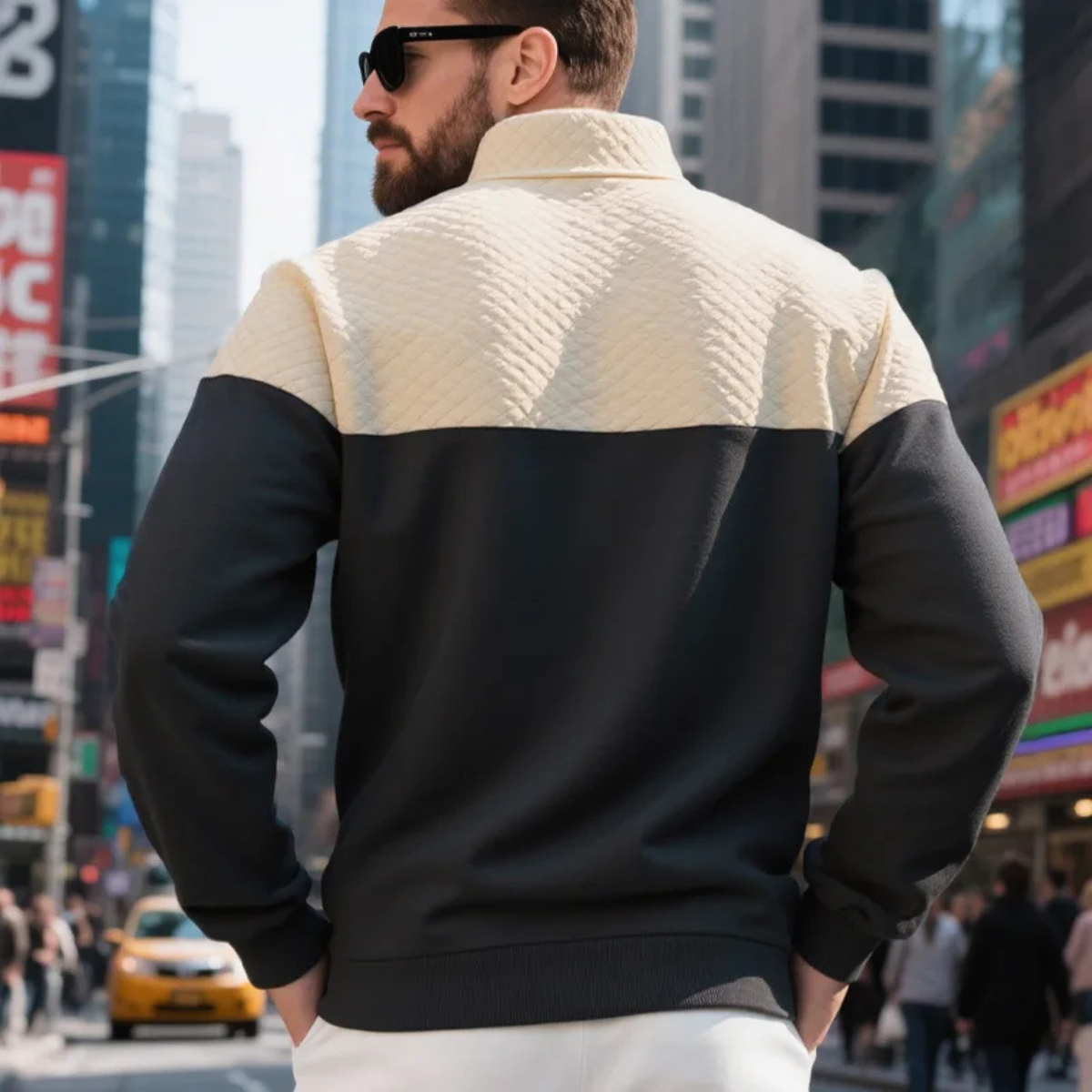 Max | Men's Quilted Half Zip Sweatshirt Cream Black Colorblock