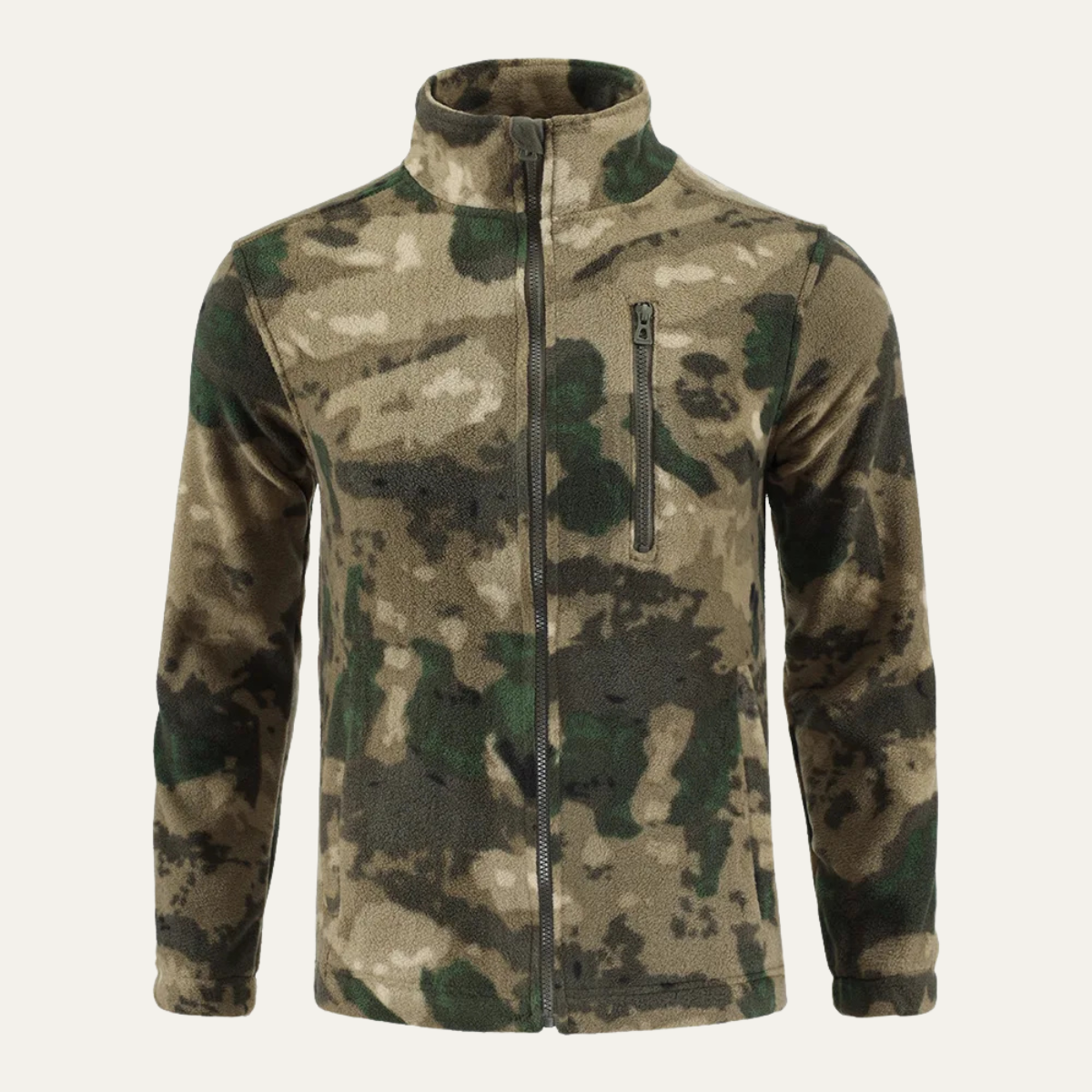 Beau | Men's Camouflage Fleece Jacket Olive Green Zip Up
