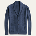 Dama Washington Bram men's cable knit cardigan navy blue shawl collar - front view