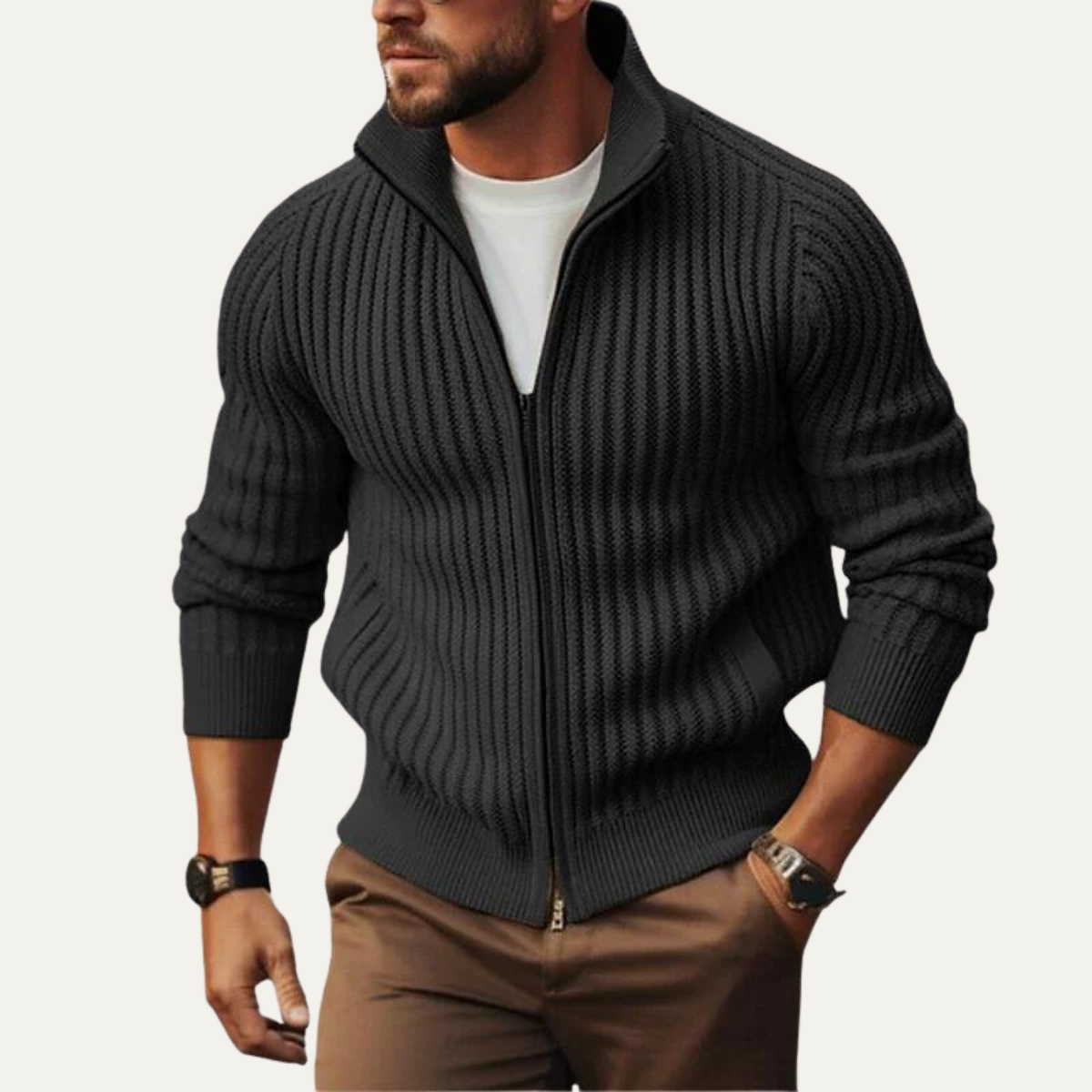 Atlas | Men's Ribbed Zip Up Cardigan Cream Stand Collar