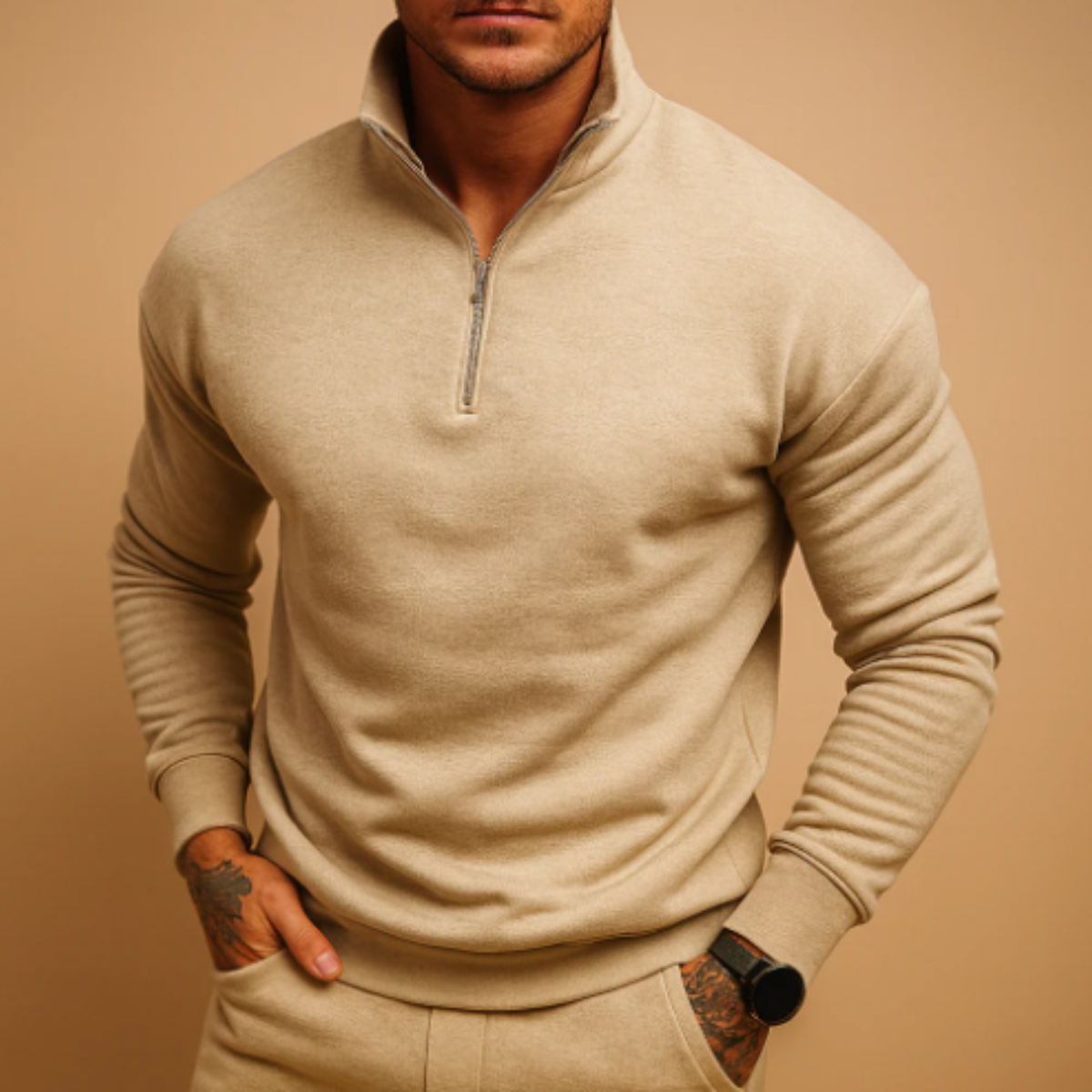 Ezra | Men's Quarter Zip Sweater Cream Long Sleeve
