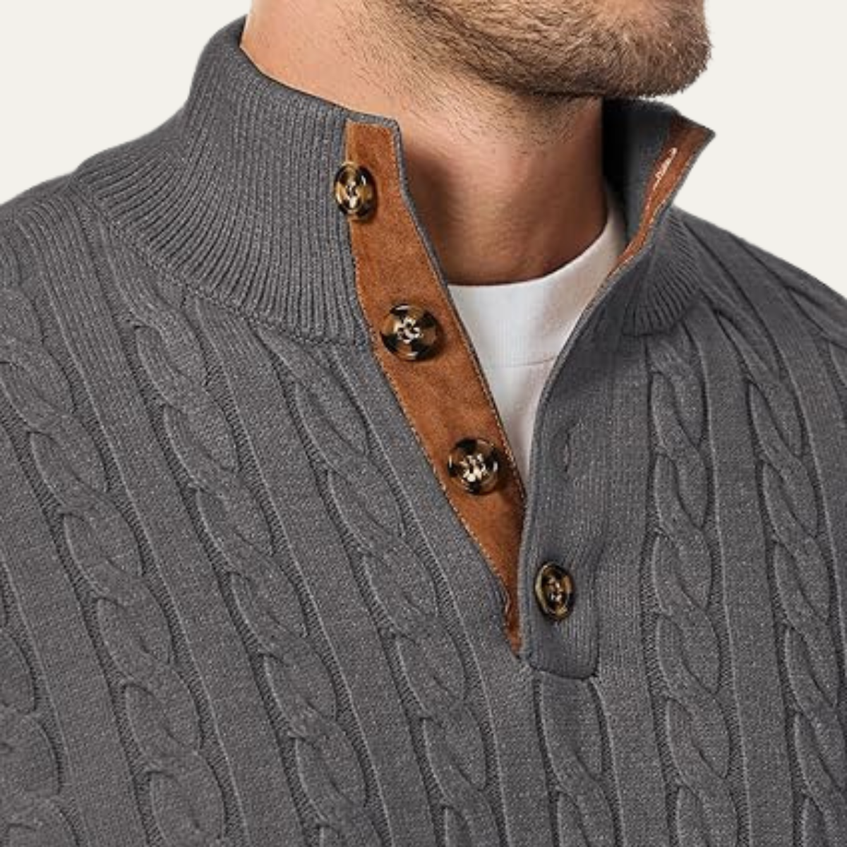 Bram | Men's Cable Knit Sweater Black Elbow Patch Quarter Zip