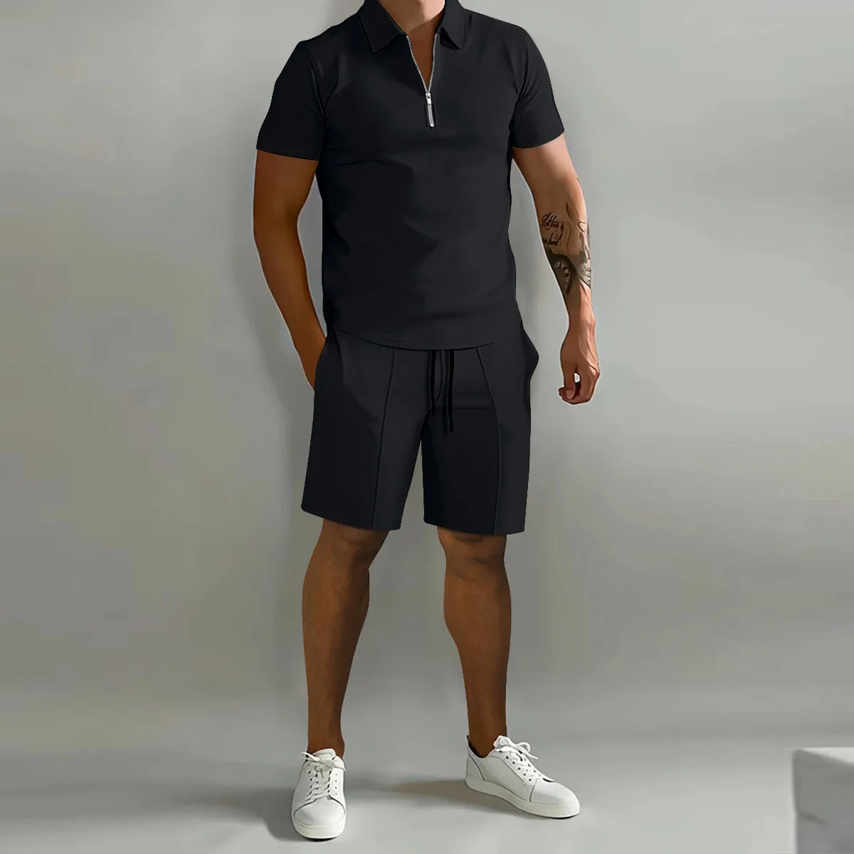 Kai | Men's Sweatsuit Black Short Sleeve Zip Polo