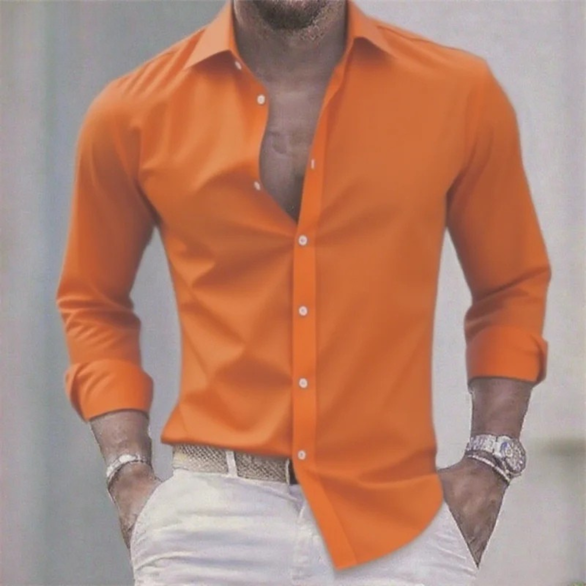 Ezra | Men's Slim Fit Button Up Shirt Cream Long Sleeve