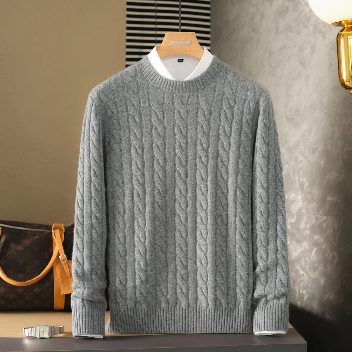 Mia | Men's Cable Knit Sweater Cream Crew Neck