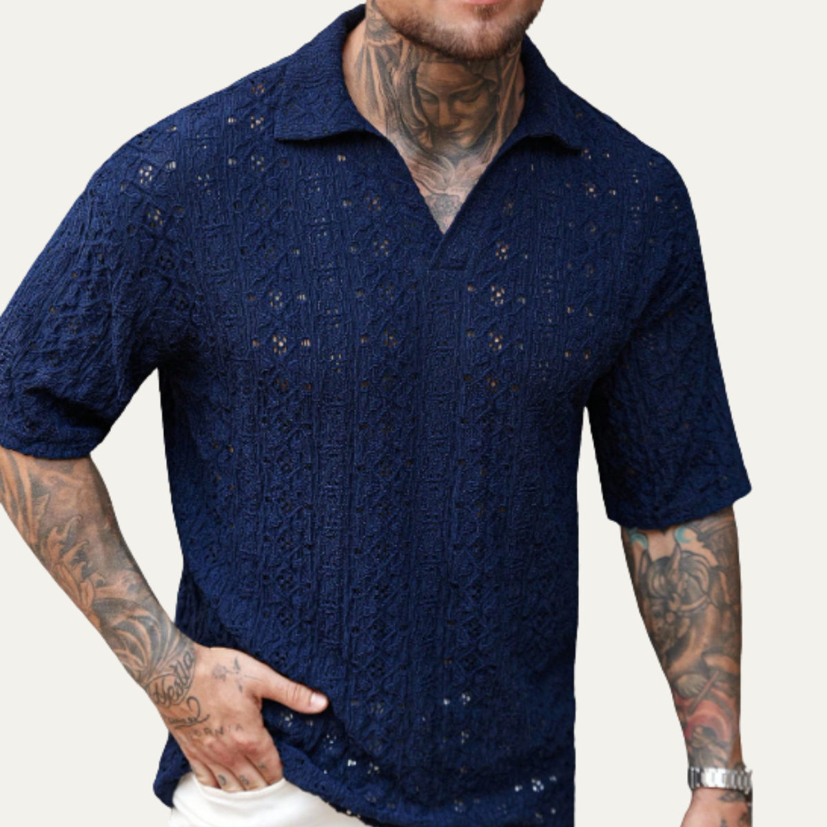 Jasper | Men's Boho Crochet Mesh Linen Shirt Navy Blue