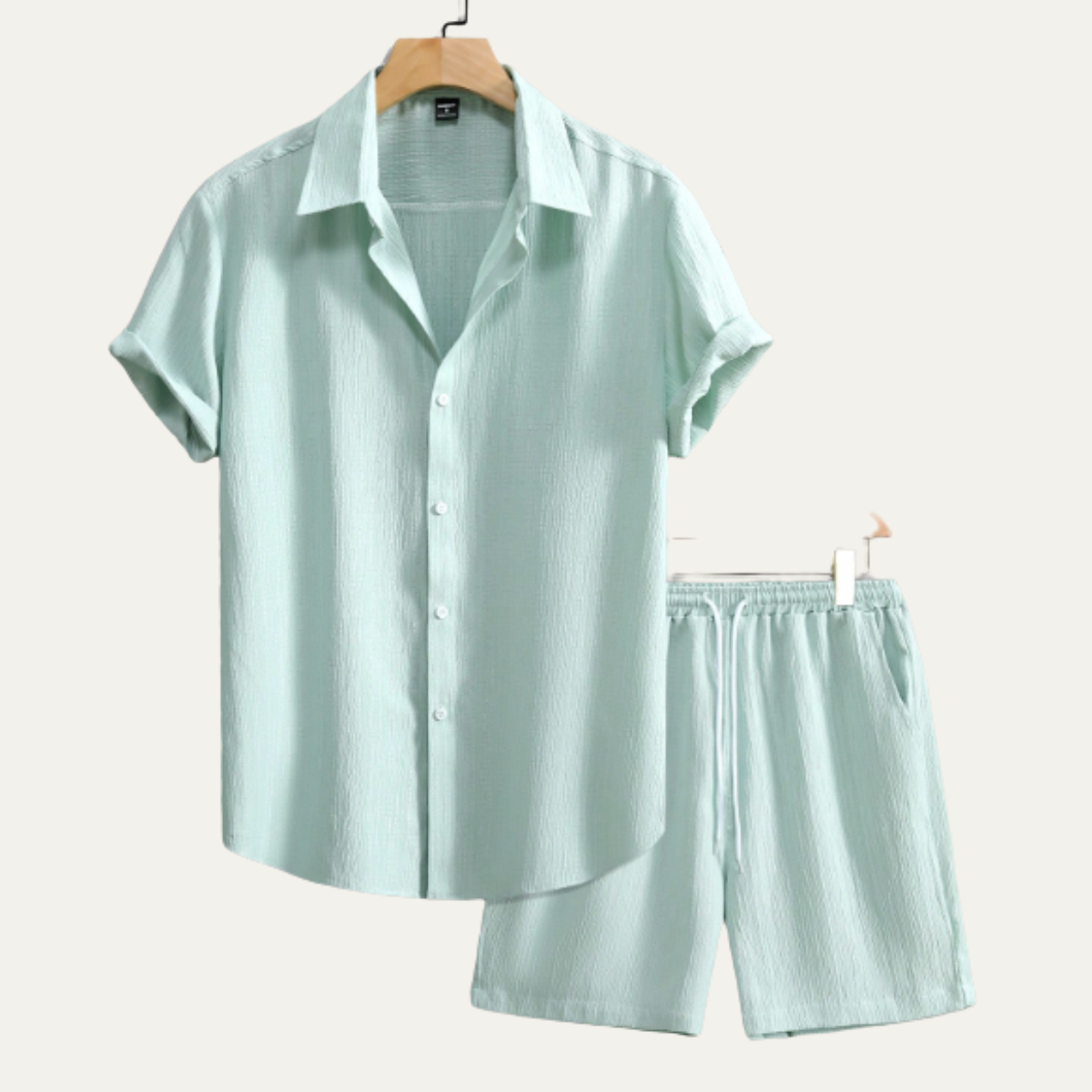 Lars | Men's Casual Linen Shirt Cream Drawstring Shorts Set Black