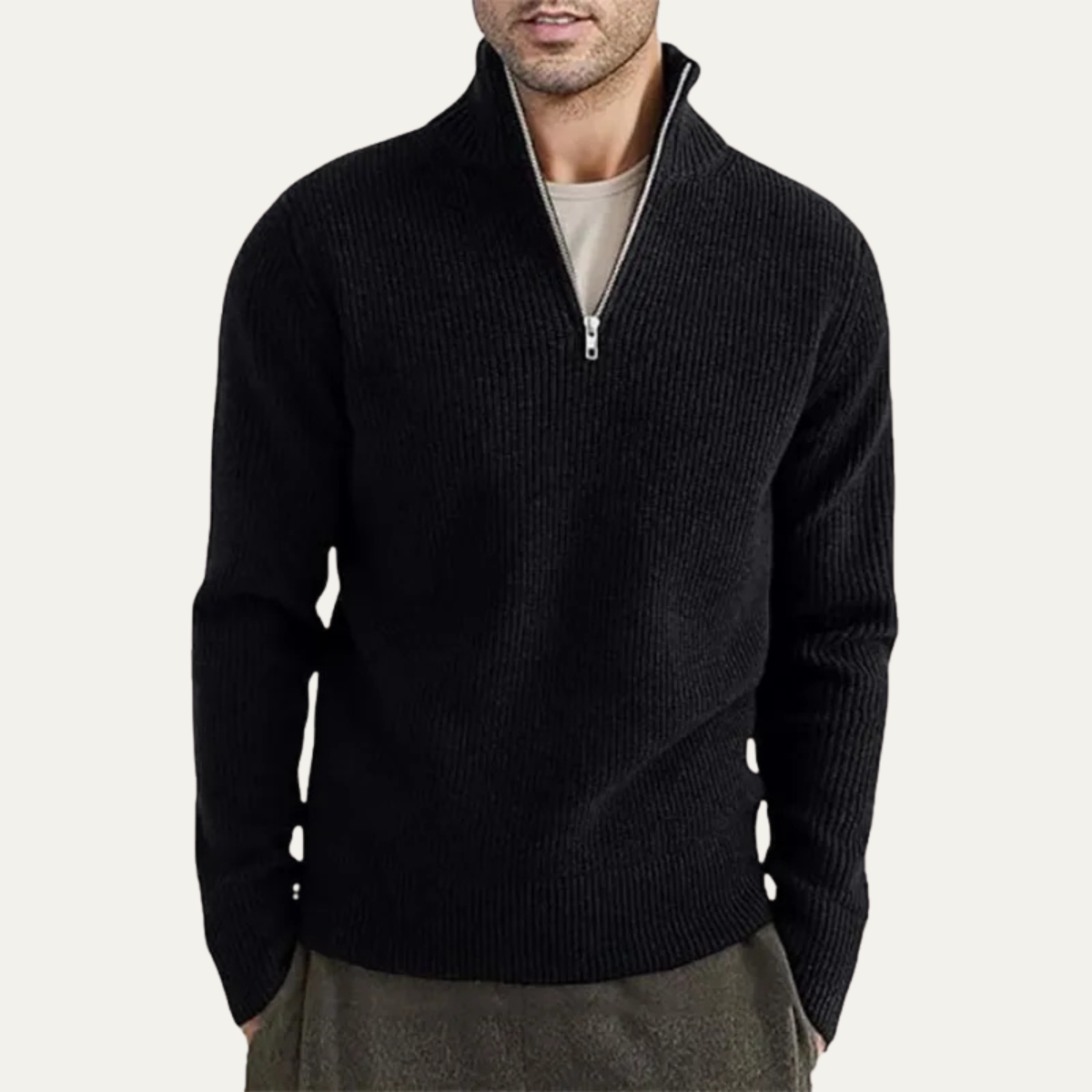 Rowan | Men's Ribbed Quarter Zip Sweater Brown Mock Neck