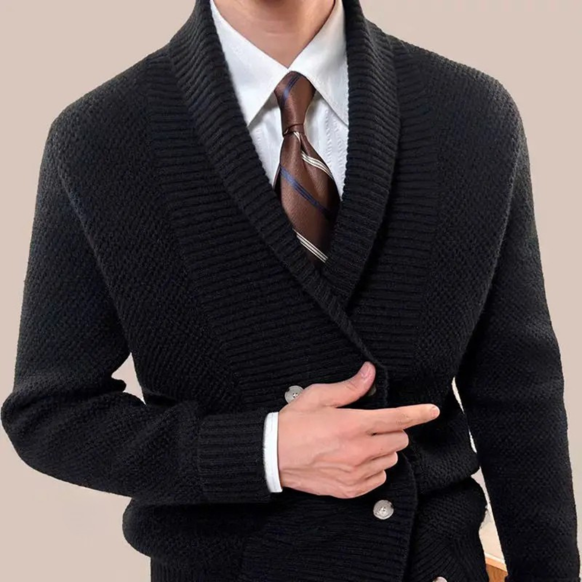 Beau | Men's Double Breasted Cardigan Cream Chunky Knit Shawl Collar
