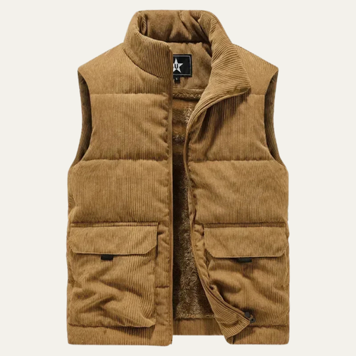 Dama Washington Ash men's corduroy puffer vest tan cargo pockets - front view