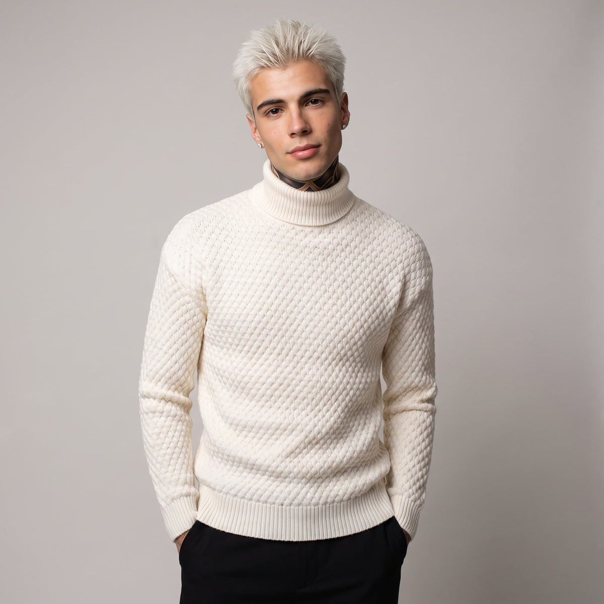 Dama Washington Bram men's turtleneck cable knit sweater cream - model front view