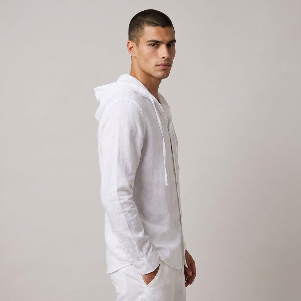 Dama Washington Ezra men's hooded linen shirt White - model side view