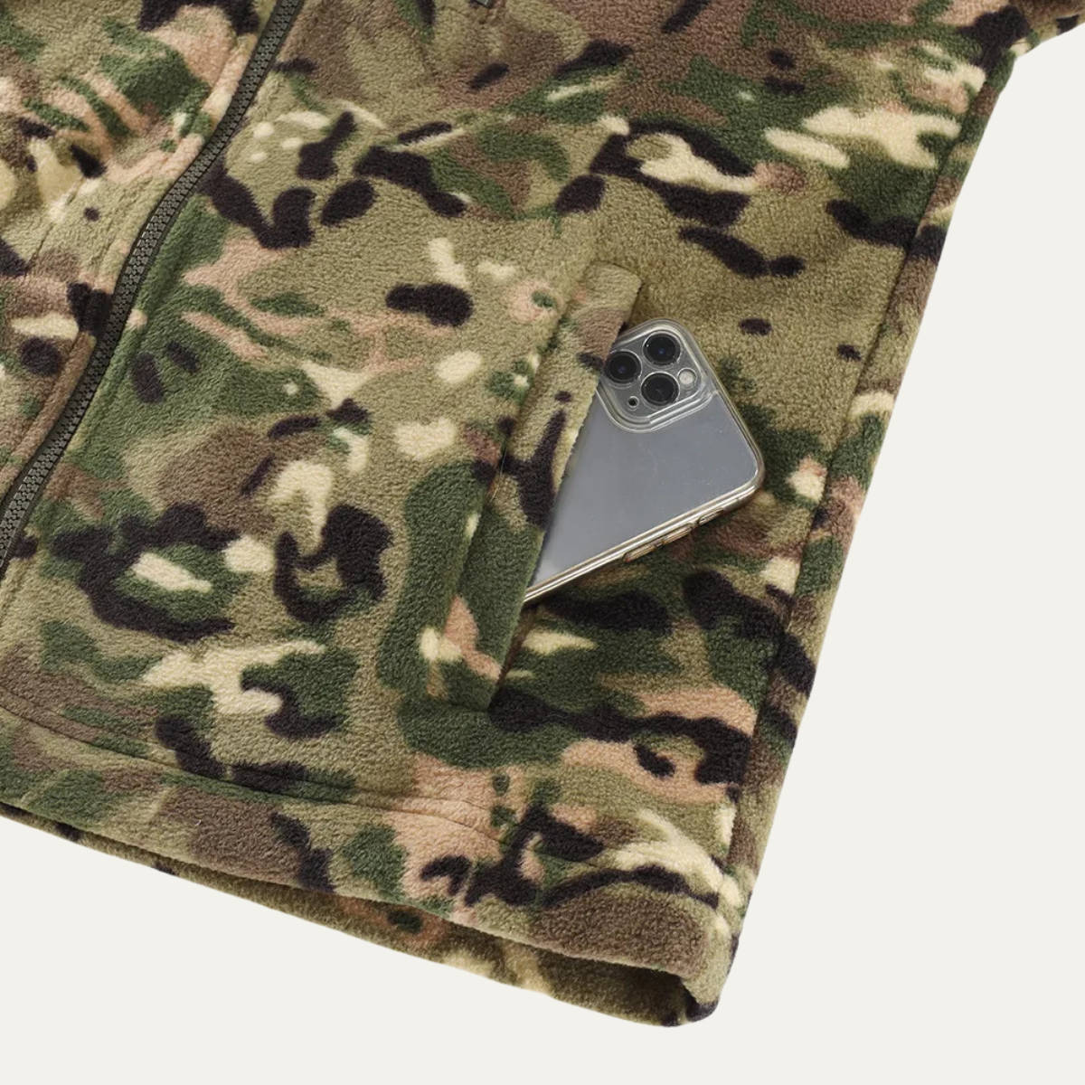 Beau | Men's Camouflage Fleece Jacket Olive Green Zip Up