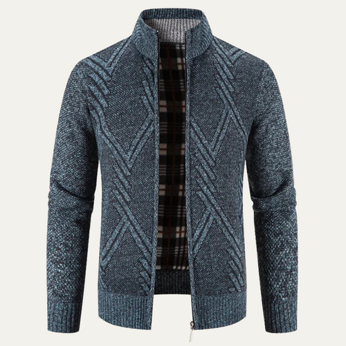 Dama Washington Axel men's cable knit cardigan gray quilted diamond pattern - front view