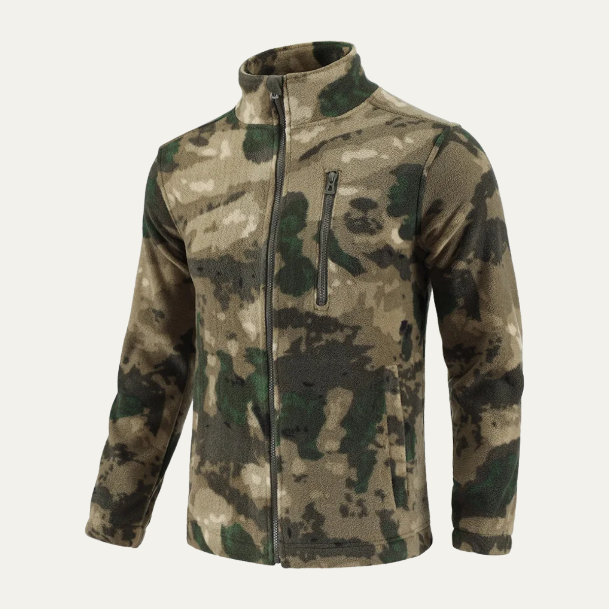 Beau | Men's Camouflage Fleece Jacket Olive Green Zip Up