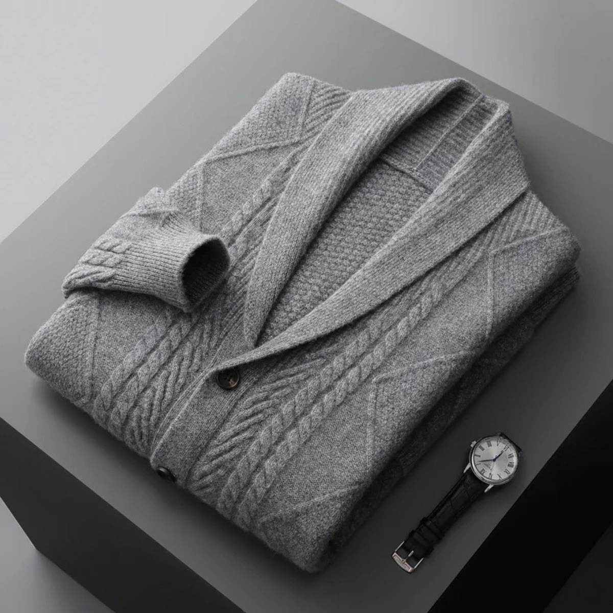 Bram | Men's Cable Knit Cardigan Navy Blue Shawl Collar