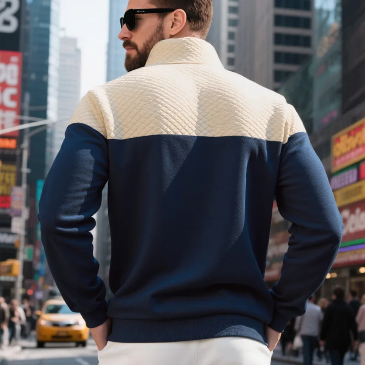 Bram | Men's Quilted Color Block Half Zip Sweater Navy Cream